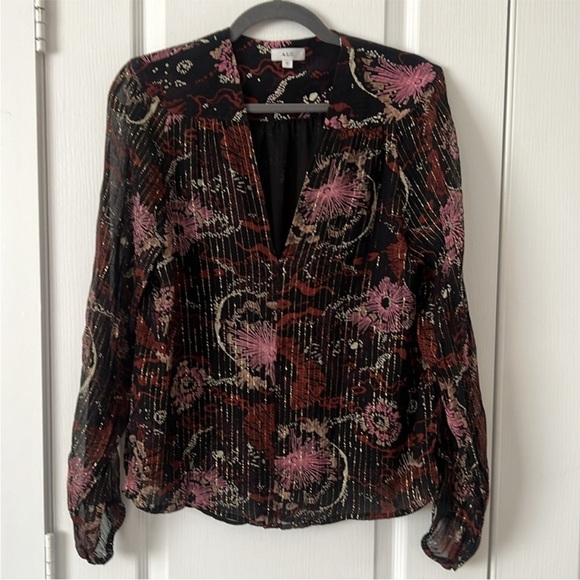 A.L.C. Silk Mac Tunic Top Brown Sheer Floral Print Balloon Sleeve Size 8 - Picture 11 of 15